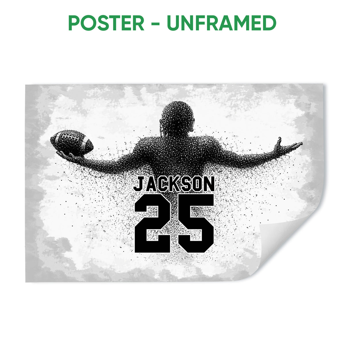 Unframed football poster with a monochrome player silhouette and distressed gray background