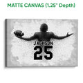 Matte canvas football wall art showing a monochrome player silhouette and textured gray design