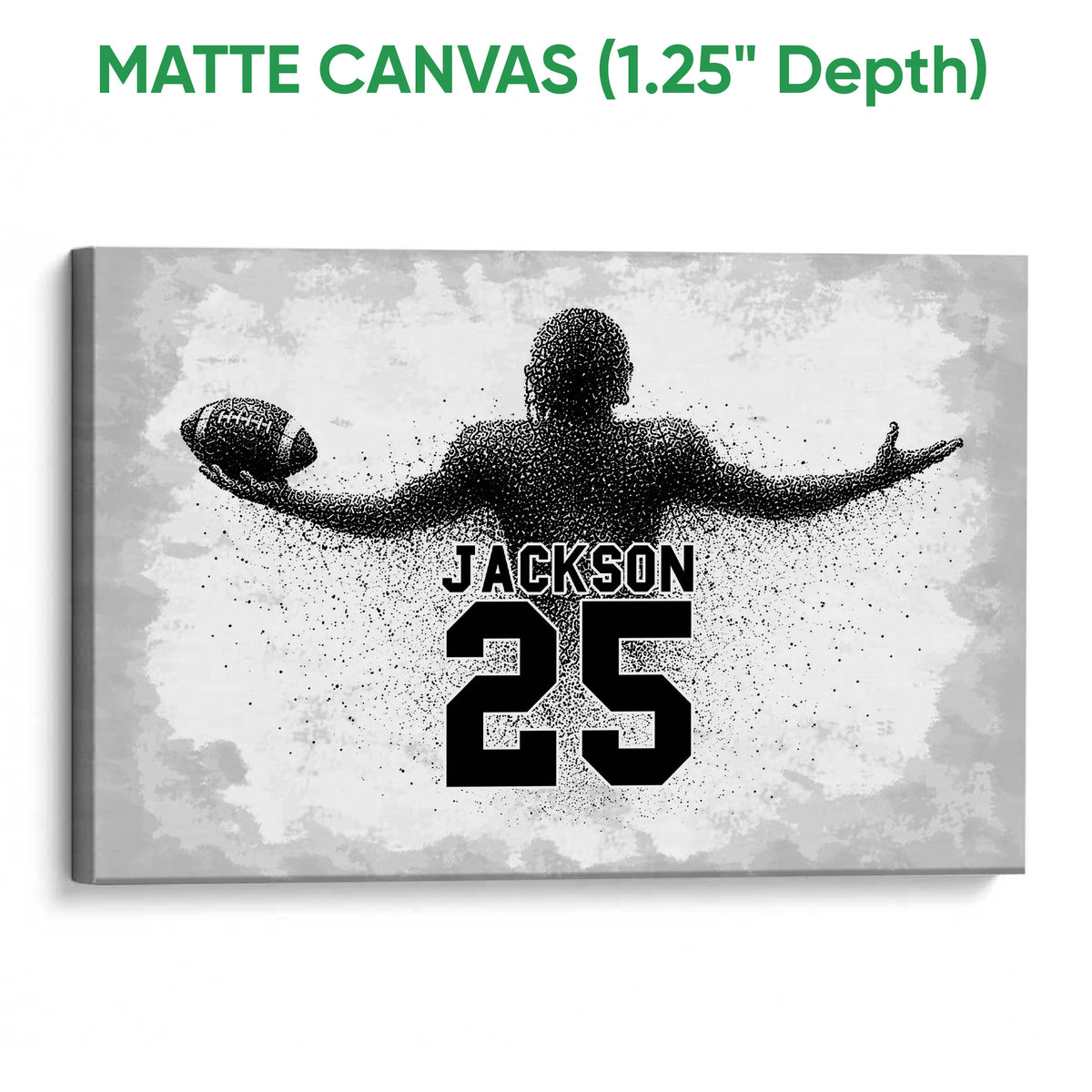 Matte canvas football wall art showing a monochrome player silhouette and textured gray design