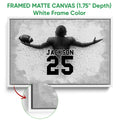 Framed football canvas wall art with a white frame and close-up canvas texture