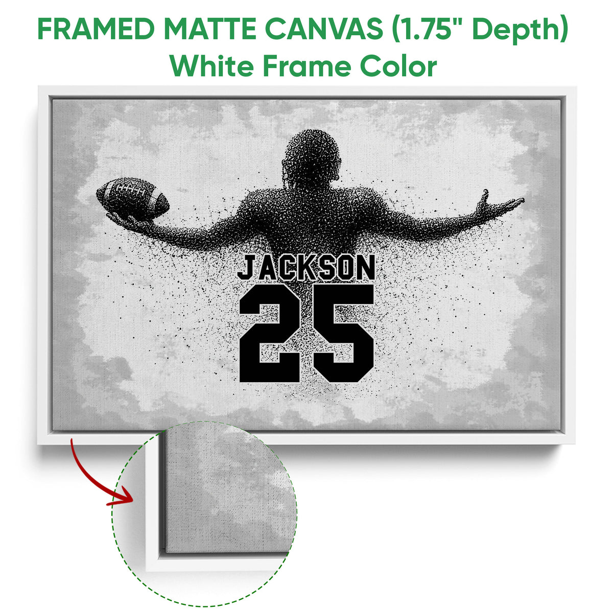 Framed football canvas wall art with a white frame and close-up canvas texture