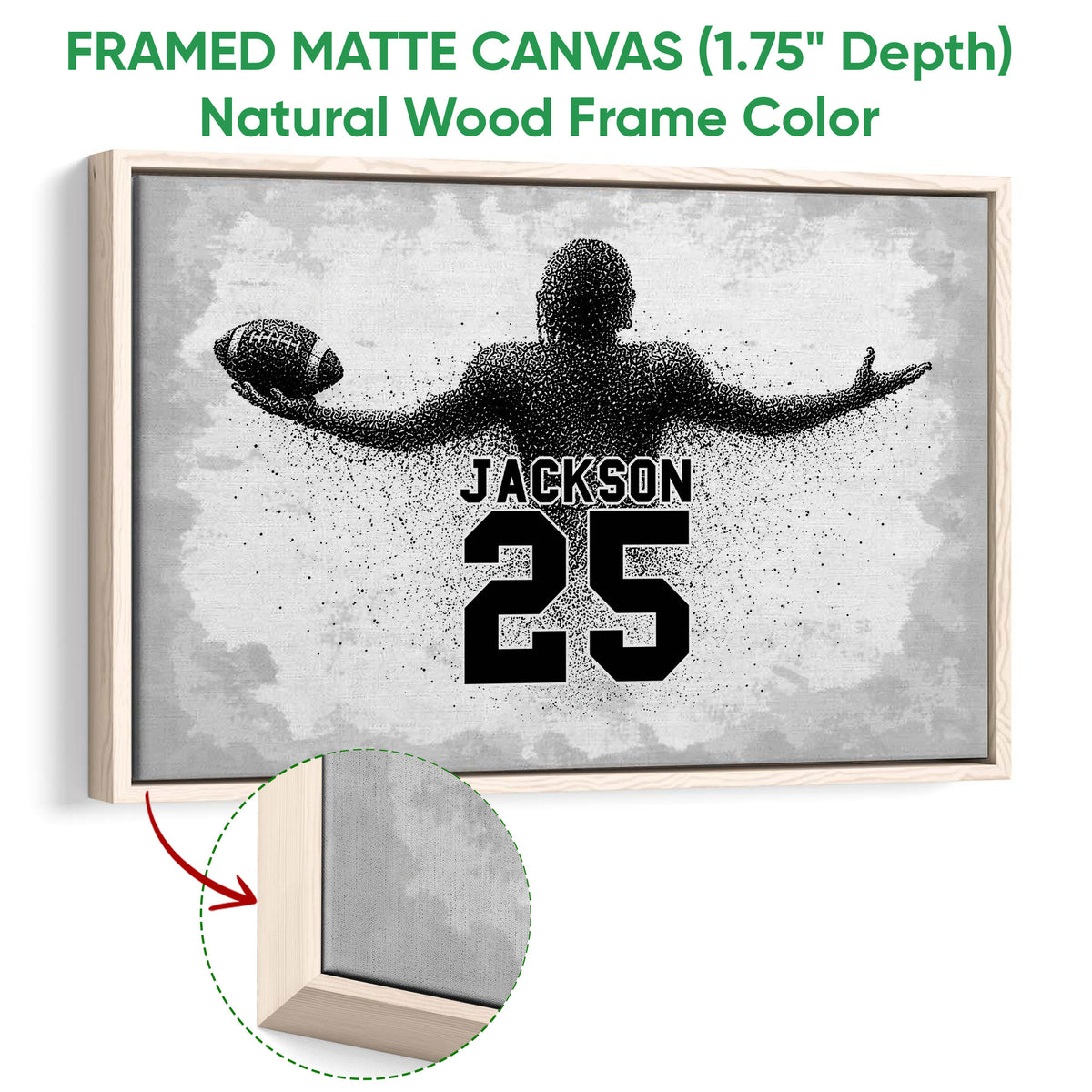 Framed football canvas wall art with a natural wood frame and close-up edge detail