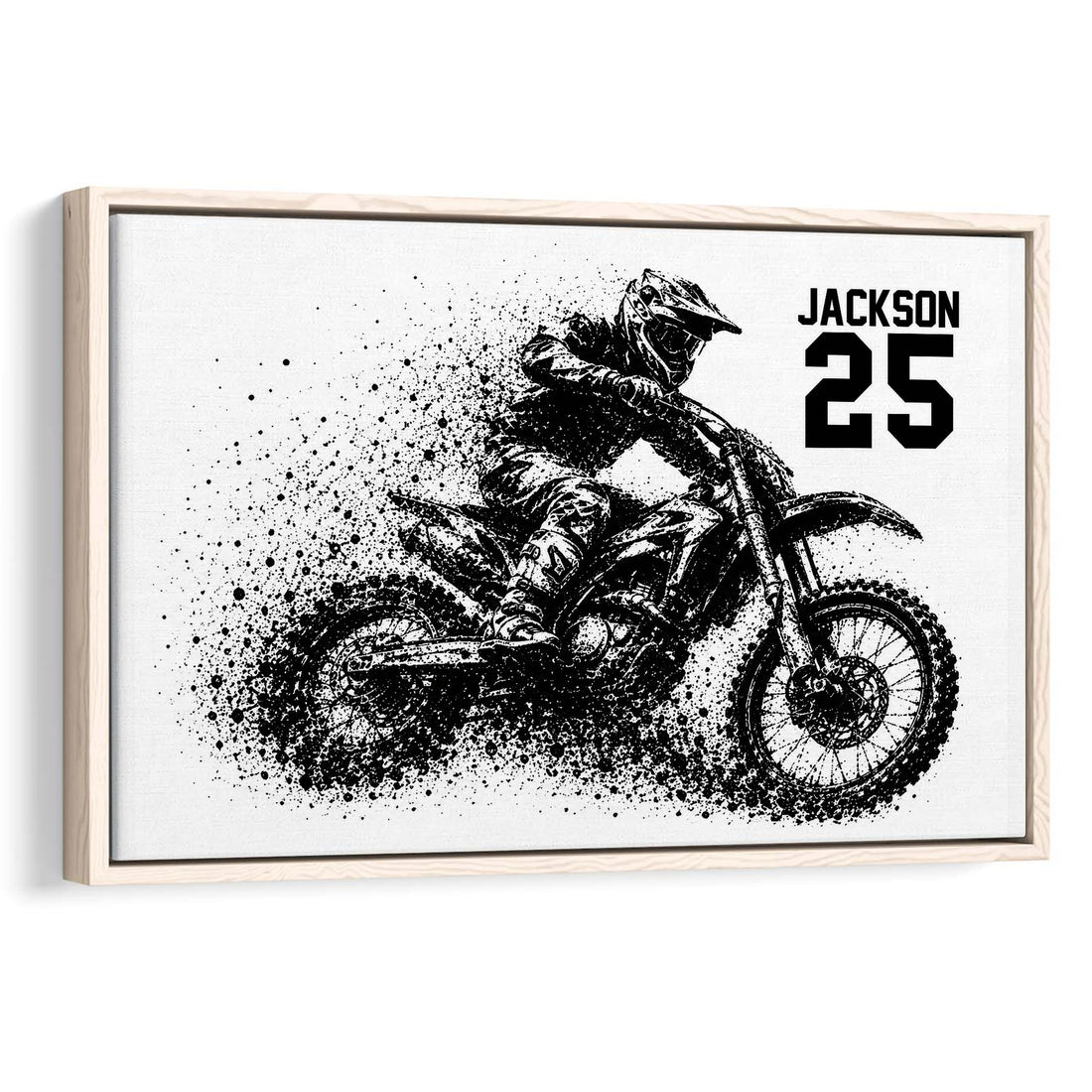 Framed motocross wall art showing a dirt bike rider in a bold black and white splatter design