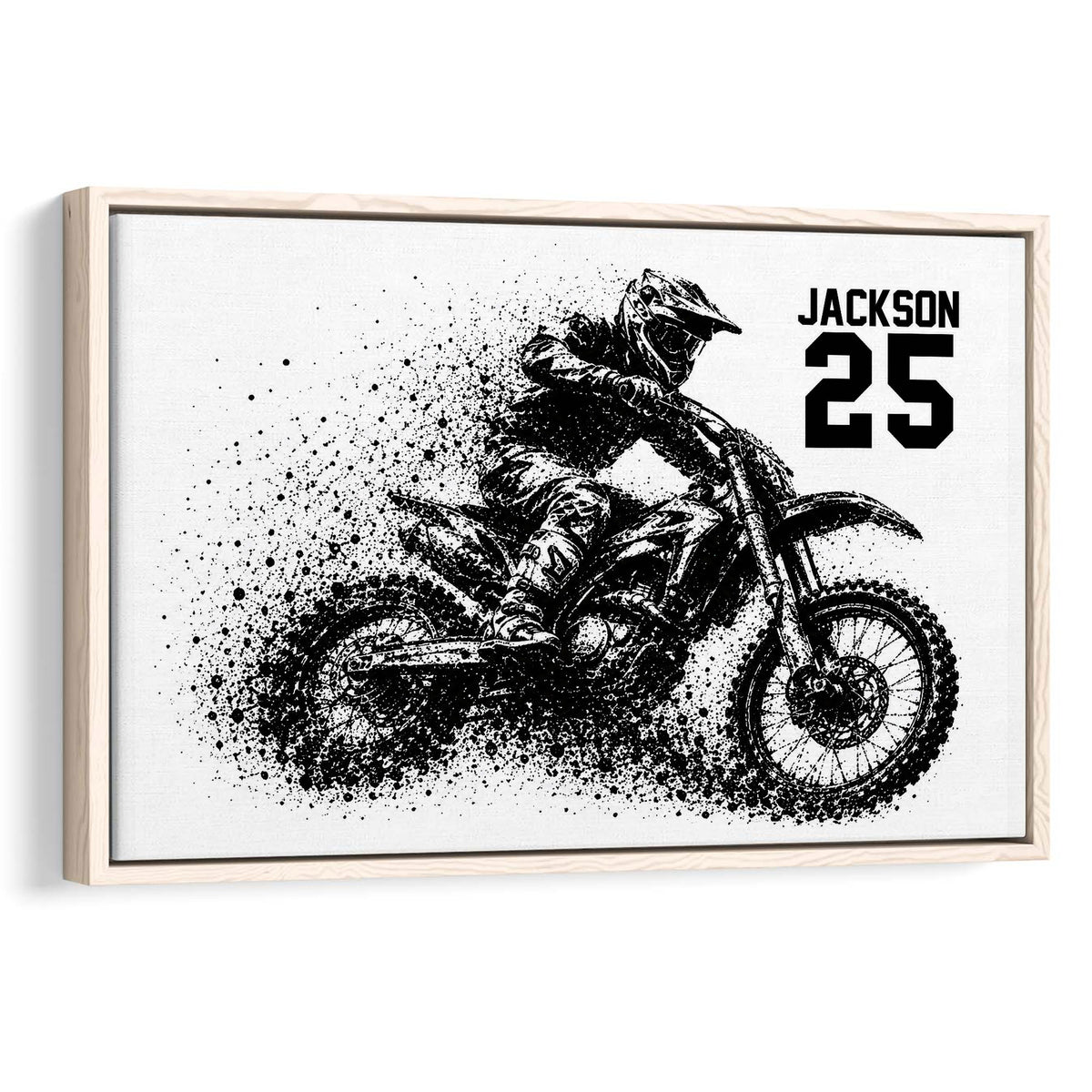 Framed motocross wall art showing a dirt bike rider in a bold black and white splatter design