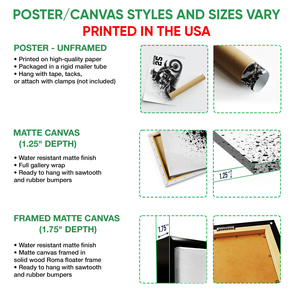 Poster and canvas wall art options guide featuring motocross artwork and selectable product formats