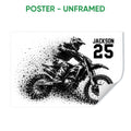 Unframed motocross poster print with a dirt bike rider and dramatic black ink splatter effect