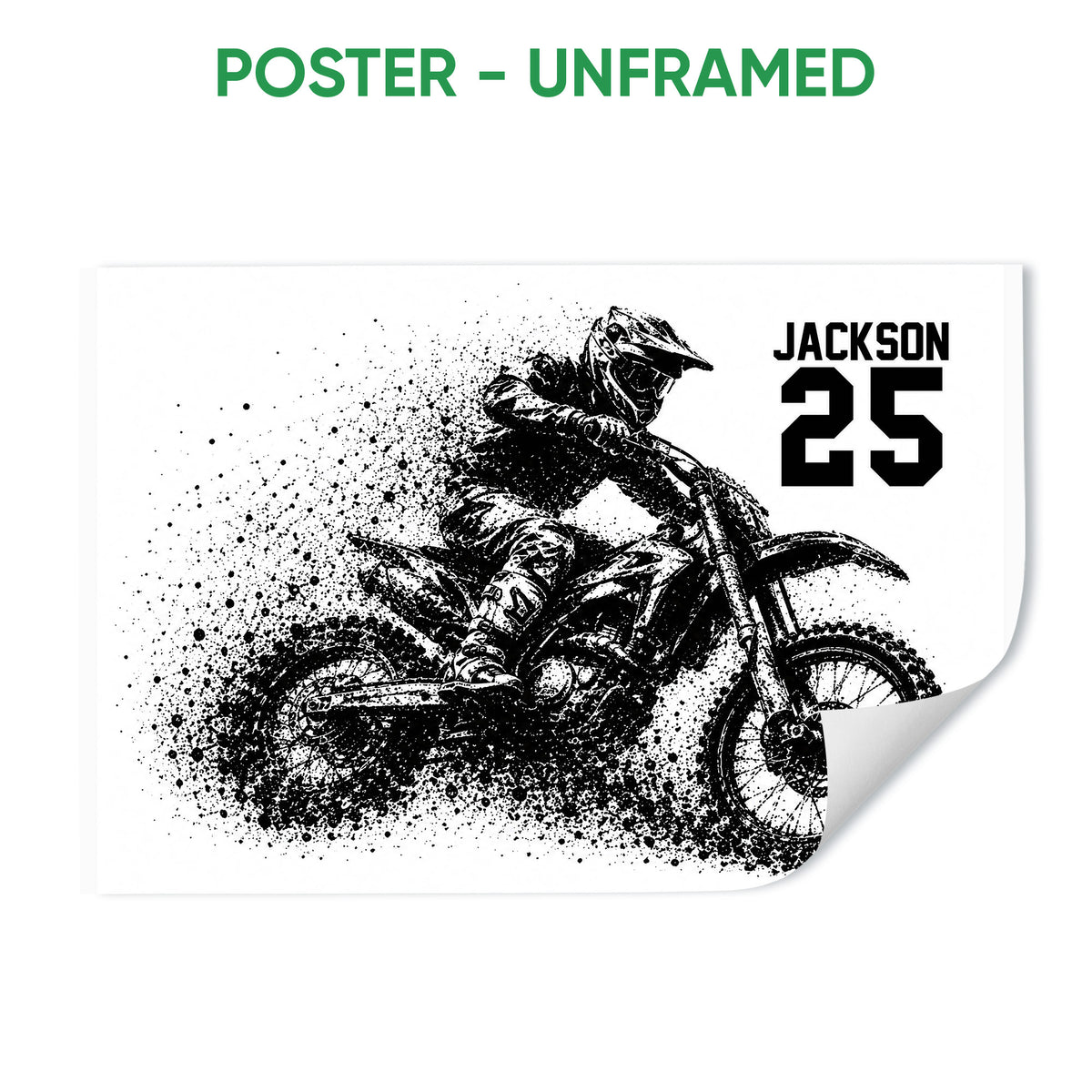 Unframed motocross poster print with a dirt bike rider and dramatic black ink splatter effect