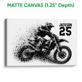 Matte canvas wall art featuring a motocross rider and dirt bike in a monochrome action design