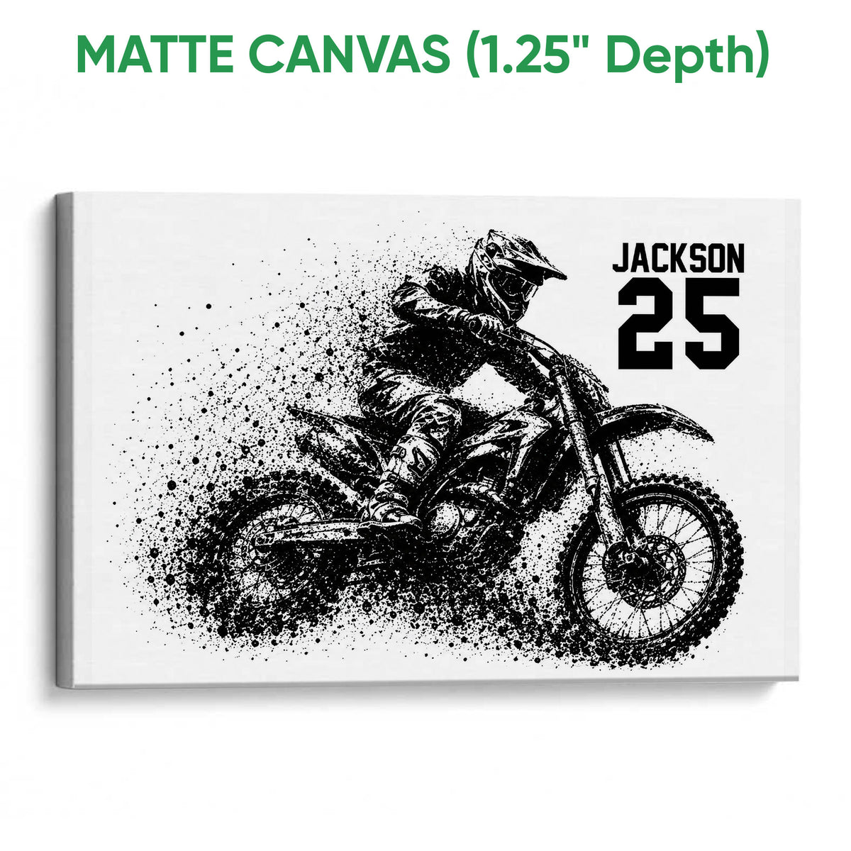 Matte canvas wall art featuring a motocross rider and dirt bike in a monochrome action design