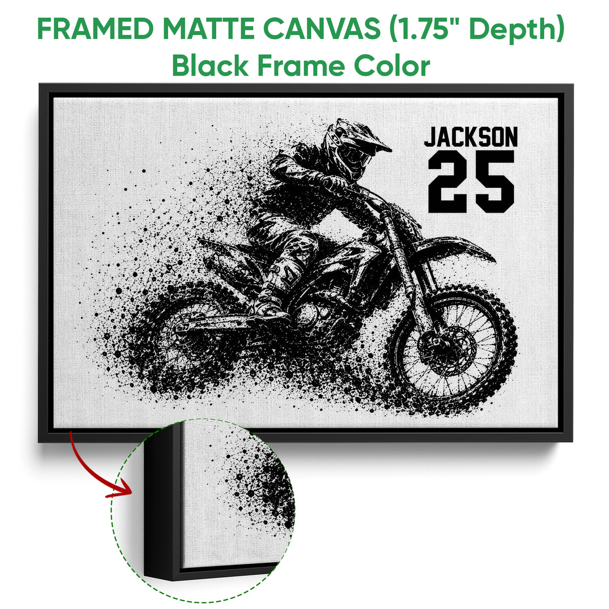 Black framed canvas wall art showing a motocross dirt bike rider with a close-up of the frame edge