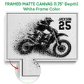 White framed motocross canvas wall art with a detailed close-up of the textured canvas edge