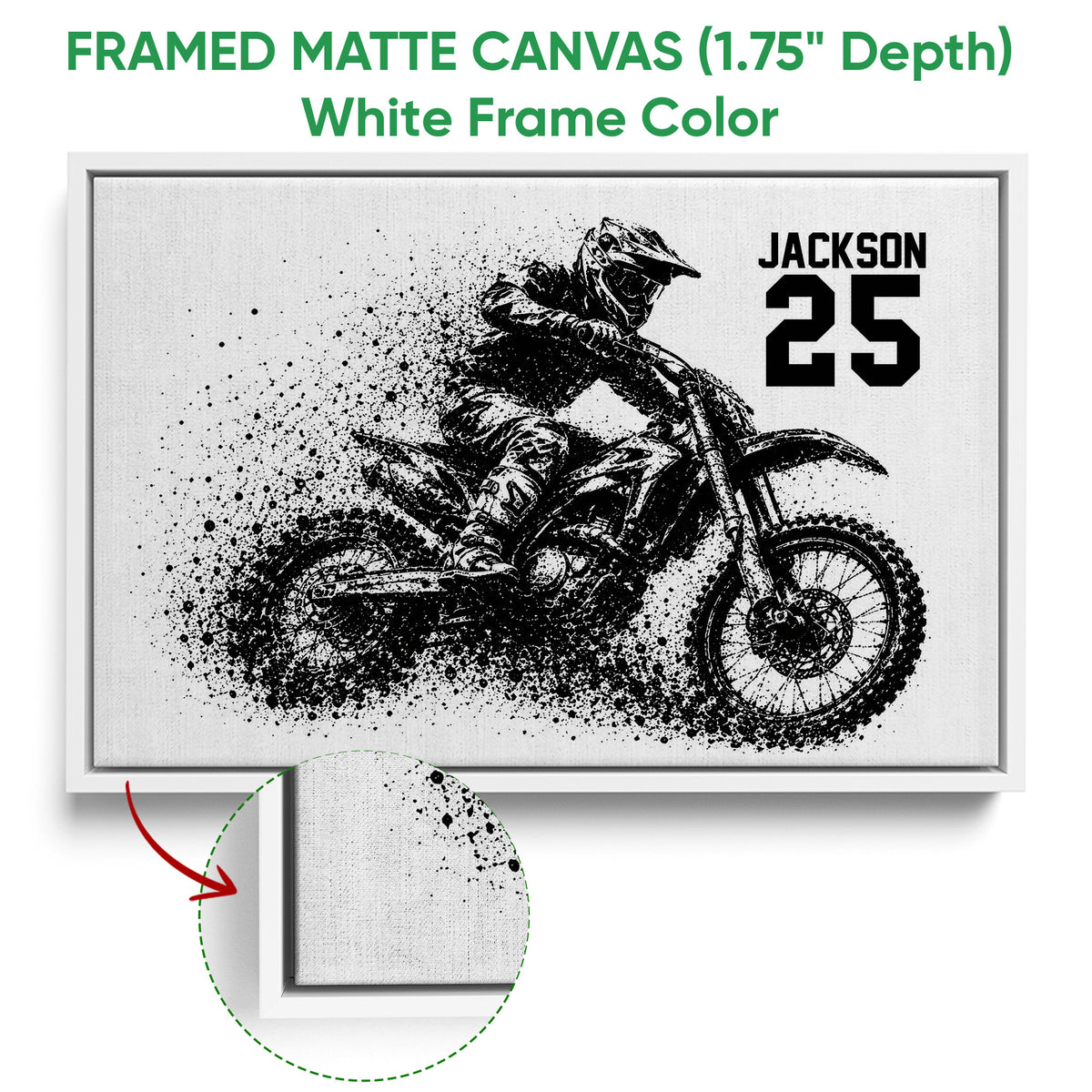 White framed motocross canvas wall art with a detailed close-up of the textured canvas edge