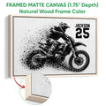 Natural wood framed motocross wall art with dirt bike action artwork and a frame detail view