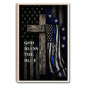 Framed police wall art featuring a blue line American flag, rustic cross, stars, and faith-inspired design