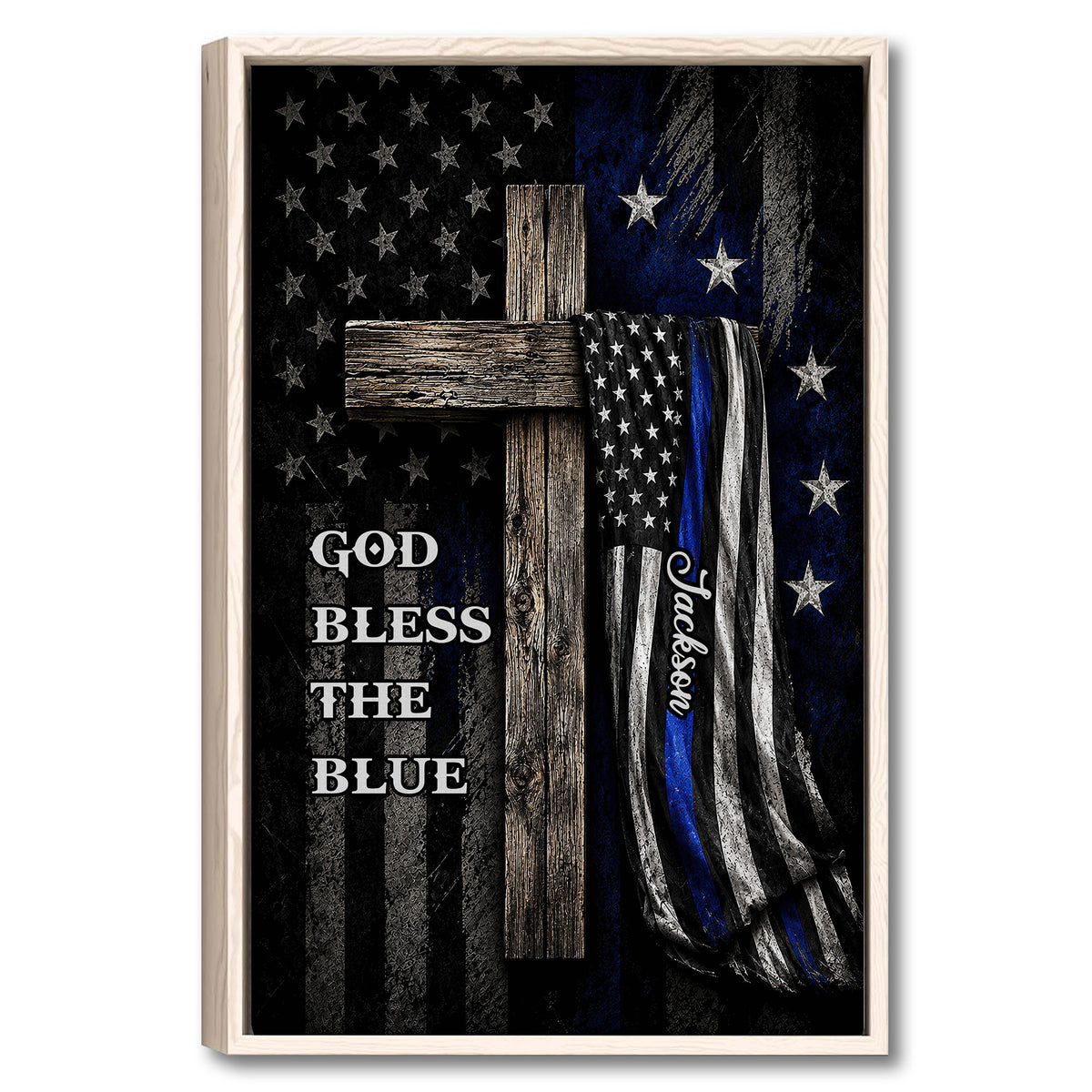 Framed police wall art featuring a blue line American flag, rustic cross, stars, and faith-inspired design