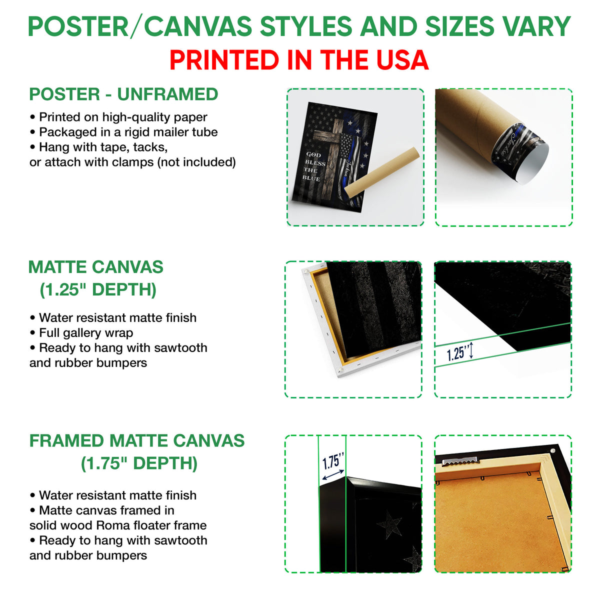Poster and canvas wall art option guide showing unframed poster, matte canvas, and framed canvas formats
