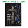 Matte canvas police wall art featuring a distressed blue line flag, rustic cross, and dark patriotic tones