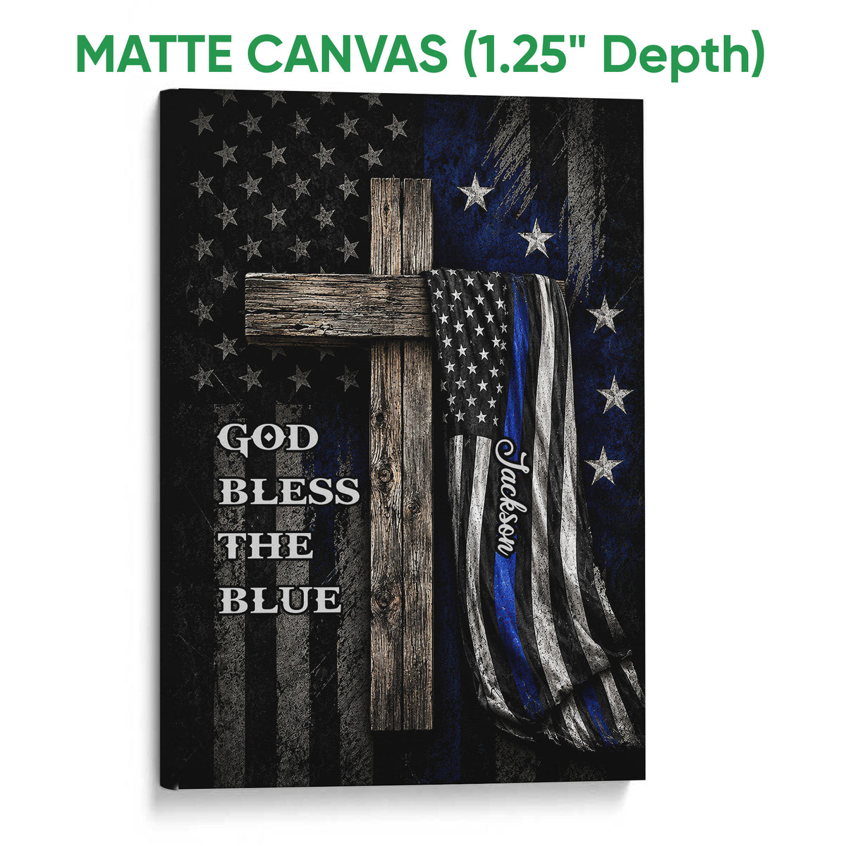 Matte canvas police wall art featuring a distressed blue line flag, rustic cross, and dark patriotic tones