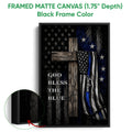 Black framed canvas police wall art with a blue line flag, rustic cross, and faith-inspired message