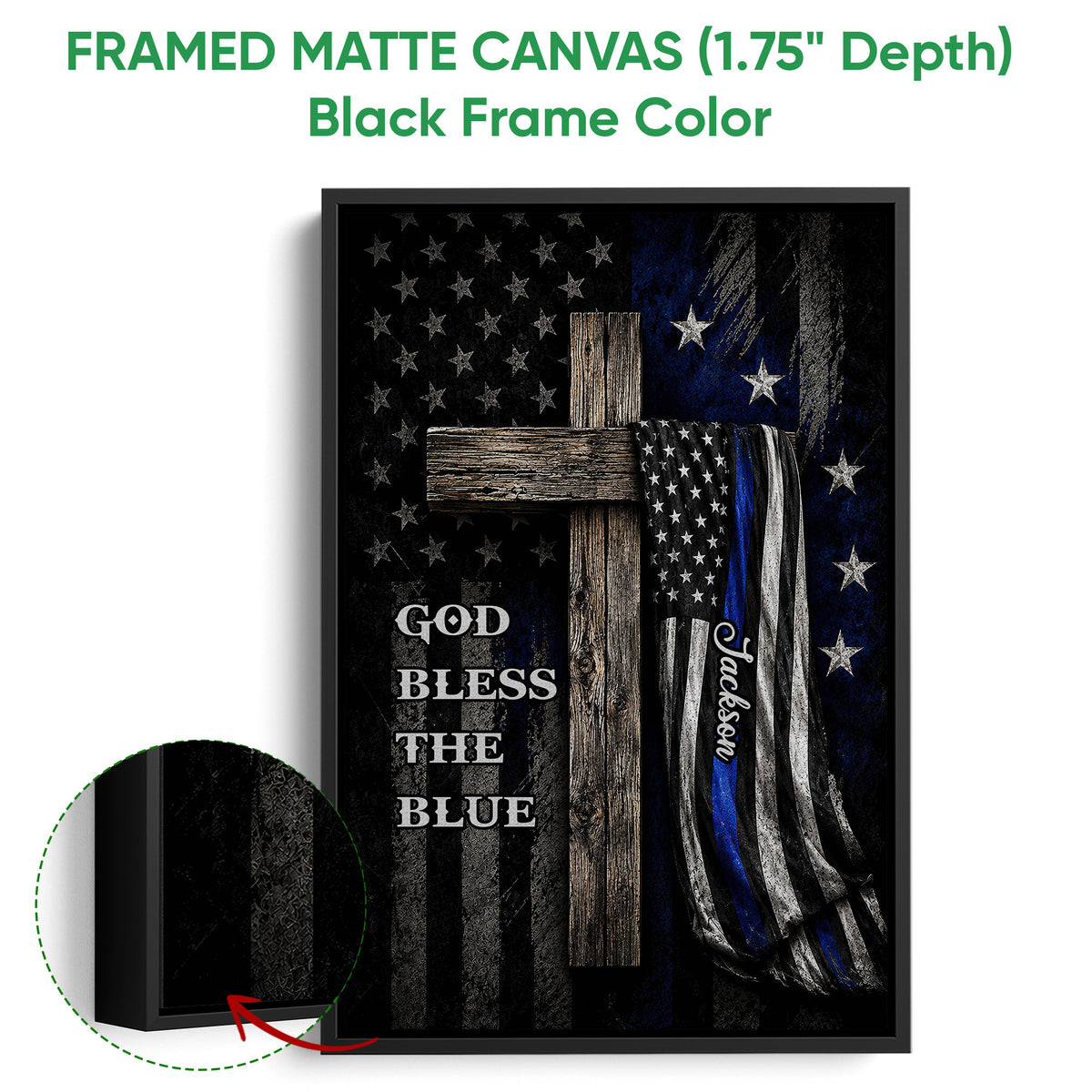 Black framed canvas police wall art with a blue line flag, rustic cross, and faith-inspired message