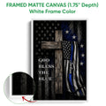 White framed canvas police wall art with a blue line American flag and rustic cross design