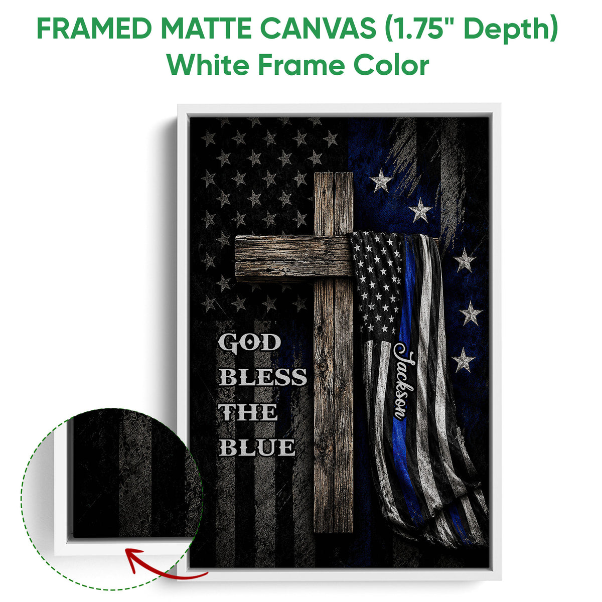 White framed canvas police wall art with a blue line American flag and rustic cross design