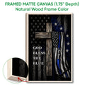 Natural wood framed police wall art with a distressed blue line flag and rustic cross artwork
