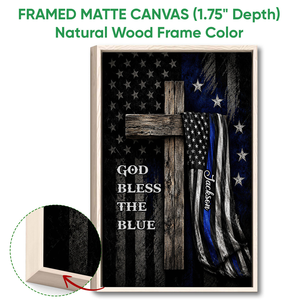 Natural wood framed police wall art with a distressed blue line flag and rustic cross artwork
