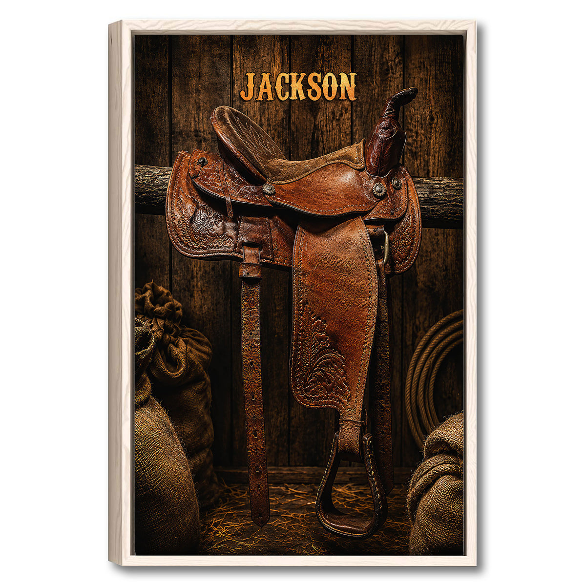 Framed cowboy wall art featuring a detailed brown Western saddle against rustic dark wood