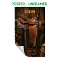 Unframed cowboy poster featuring a richly detailed leather Western saddle and rustic wood background