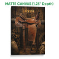 Matte canvas wall art featuring a brown Western saddle with detailed leather tooling and ranch decor