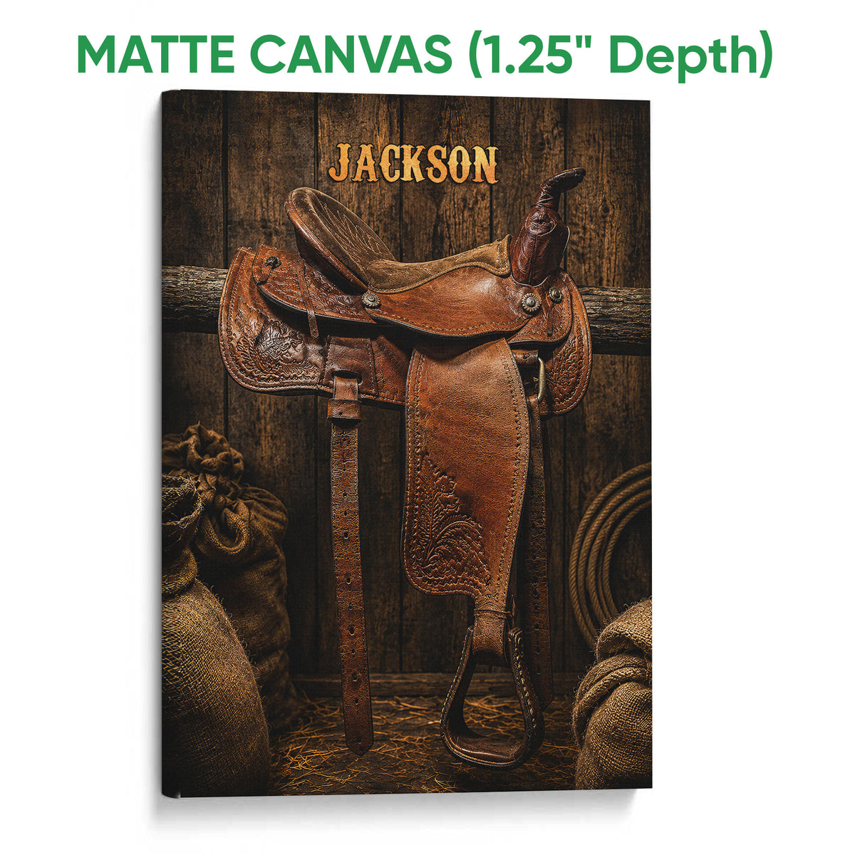 Matte canvas wall art featuring a brown Western saddle with detailed leather tooling and ranch decor