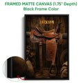 Framed matte canvas cowboy wall art shown with a black frame and close-up of the frame edge
