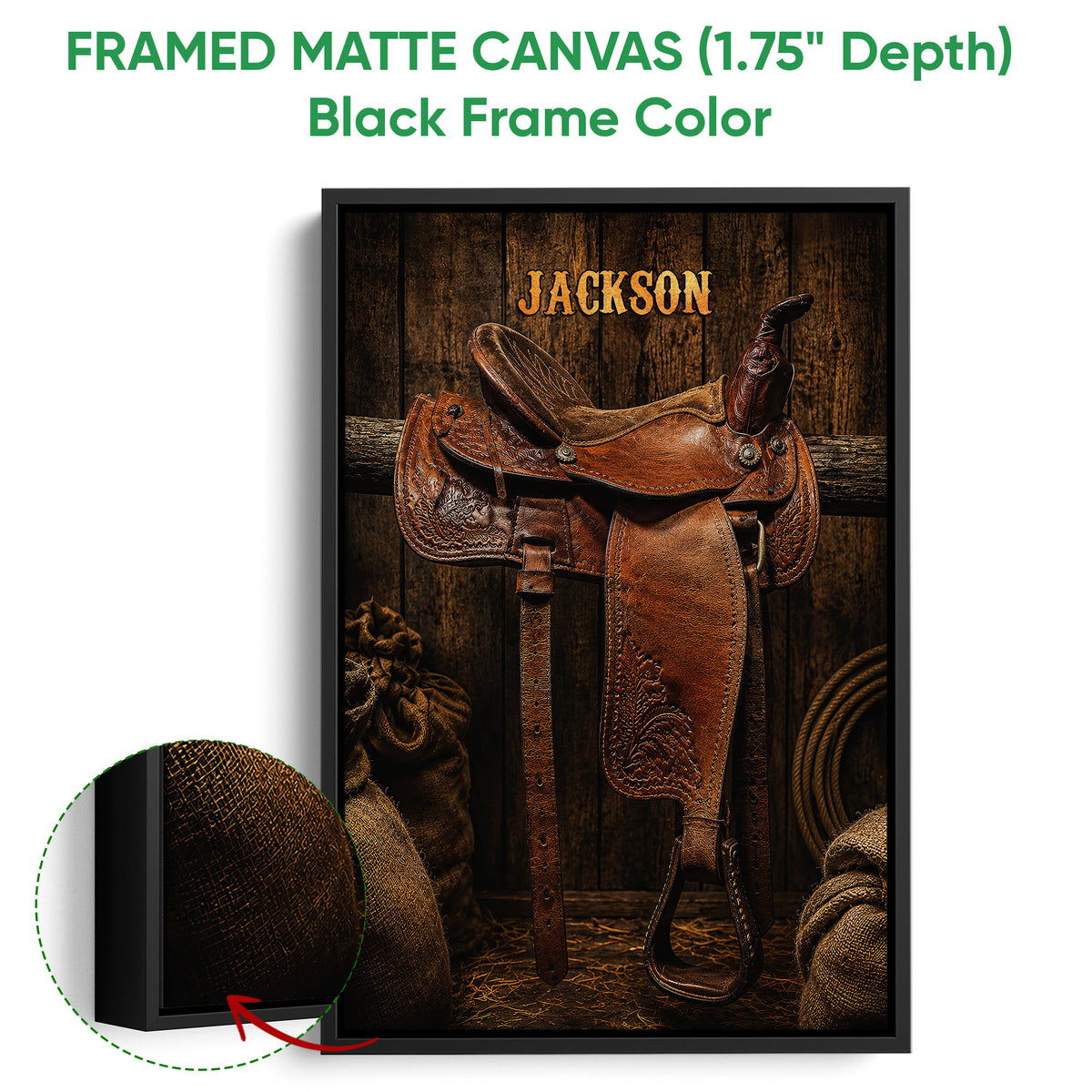 Framed matte canvas cowboy wall art shown with a black frame and close-up of the frame edge