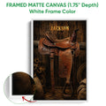 Framed matte canvas cowboy wall art shown with a white frame and close-up of the frame edge