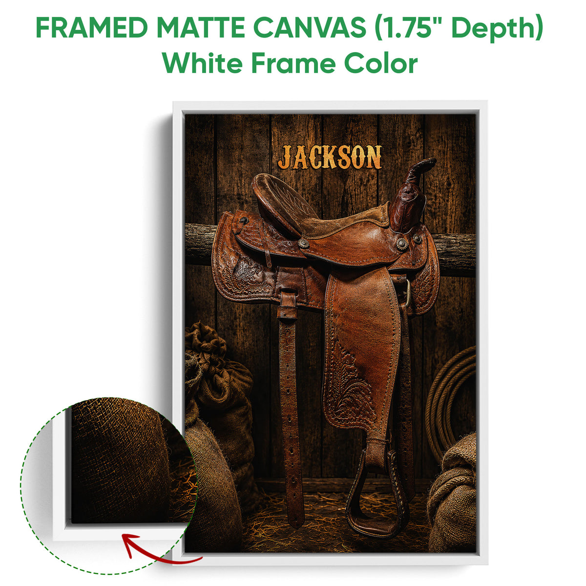 Framed matte canvas cowboy wall art shown with a white frame and close-up of the frame edge