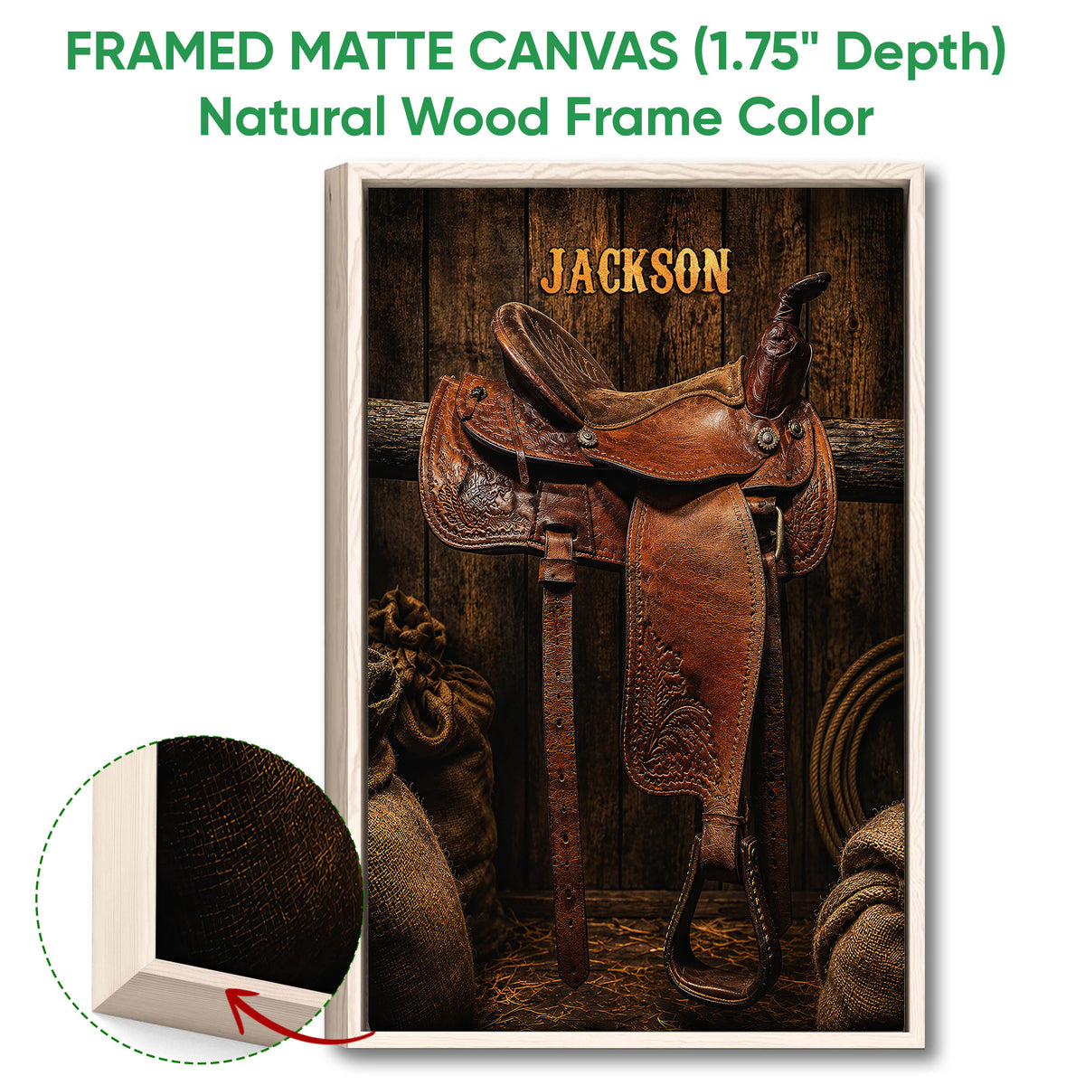 Framed matte canvas cowboy wall art shown with a natural wood frame and detailed saddle artwork