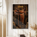 Cowboy saddle wall art displayed in a bright rustic room with white wood paneling