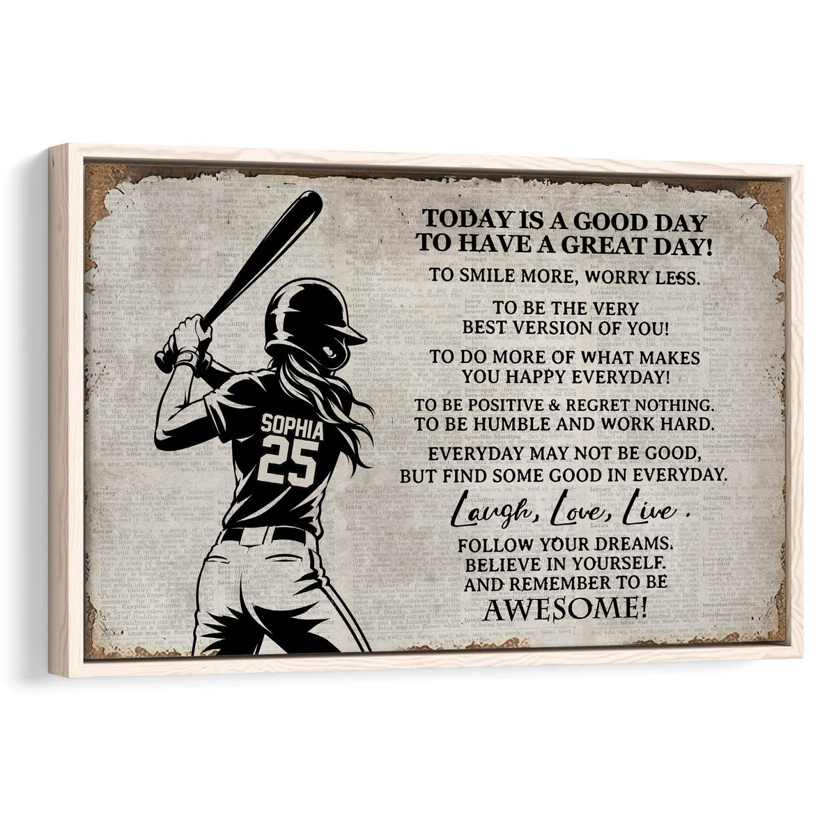 Framed softball wall art featuring a batter silhouette and motivational typography on a vintage paper background