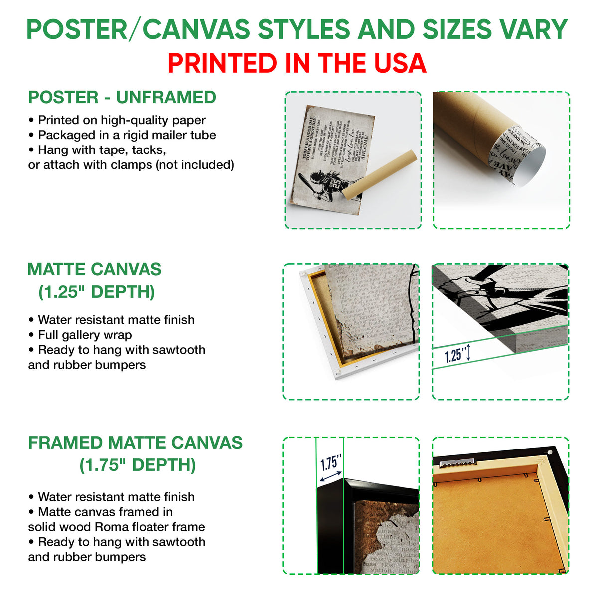 Softball wall art format guide showing unframed poster, matte canvas, and framed matte canvas options