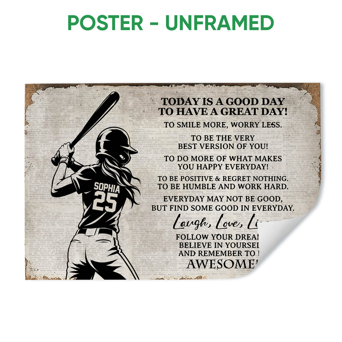 Unframed softball poster featuring a batter silhouette and uplifting motivational typography