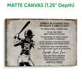 Matte canvas softball wall art with a batter silhouette, vintage paper texture, and motivational message