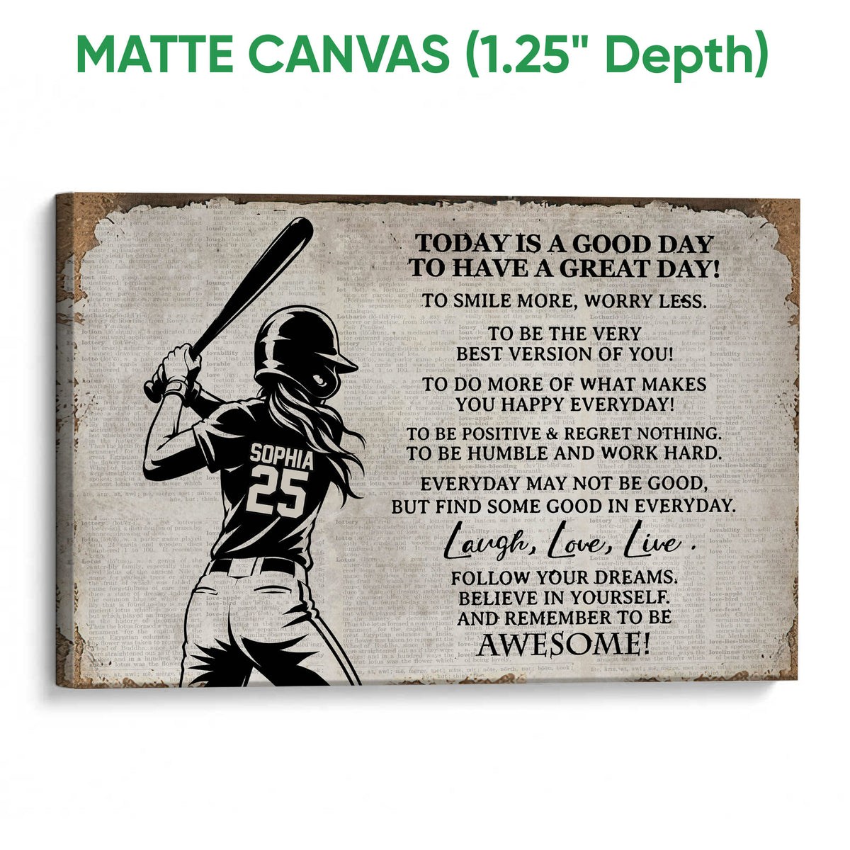 Matte canvas softball wall art with a batter silhouette, vintage paper texture, and motivational message