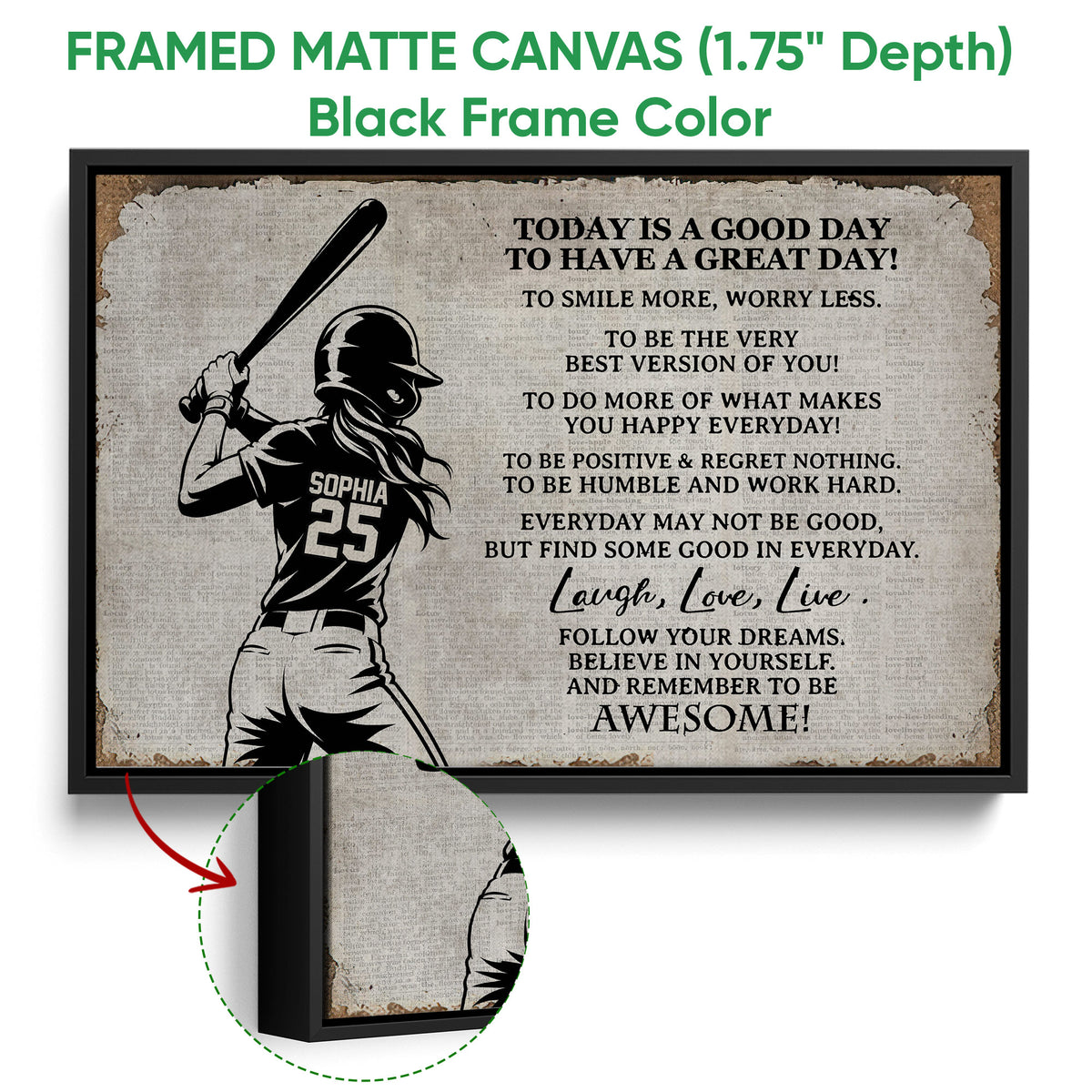 Softball framed canvas wall art shown with a black frame and close-up of the canvas edge