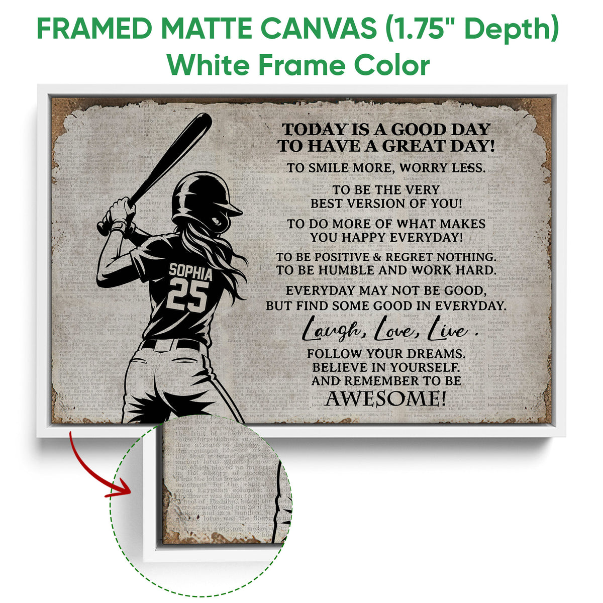 Softball framed canvas wall art shown with a white frame and close-up of the canvas edge
