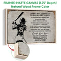 Softball framed canvas wall art shown with a natural wood frame and close-up of the canvas edge