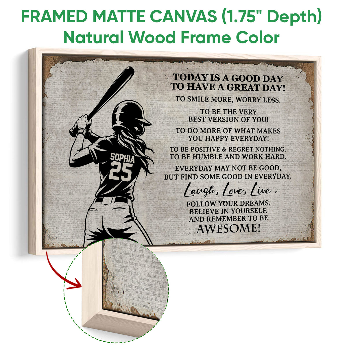 Softball framed canvas wall art shown with a natural wood frame and close-up of the canvas edge
