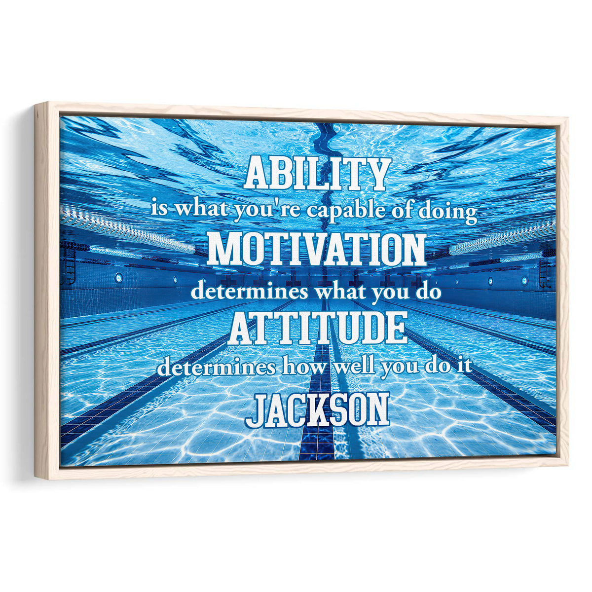 Framed swimming wall art with blue indoor pool scene and bold motivational typography