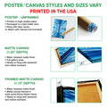 Poster and canvas wall art options shown with swimming pool artwork and format examples