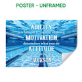 Unframed swimming poster featuring a blue indoor pool and motivational wall art design